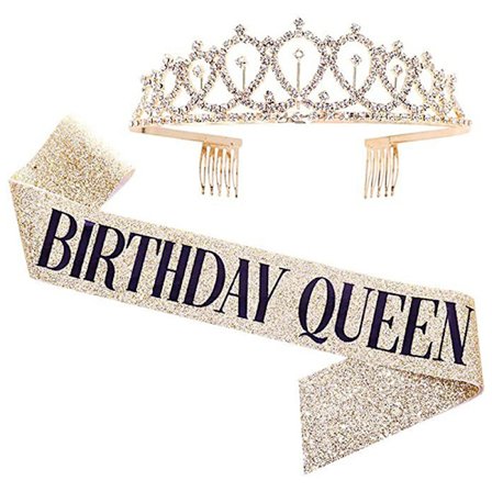 1Set Bling Rhinestone Crown Tiara Sash Födelsedag Anniversary Par Rose Gold BIRTHDAY QUEEN