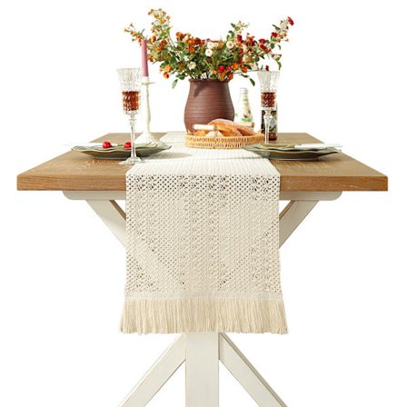 Boheemi pöytäliina, beige, makrame, suorakaiteen muotoinen, virkattu pitsi, verkko, maalaistalon tyyli, 35 x 160 cm