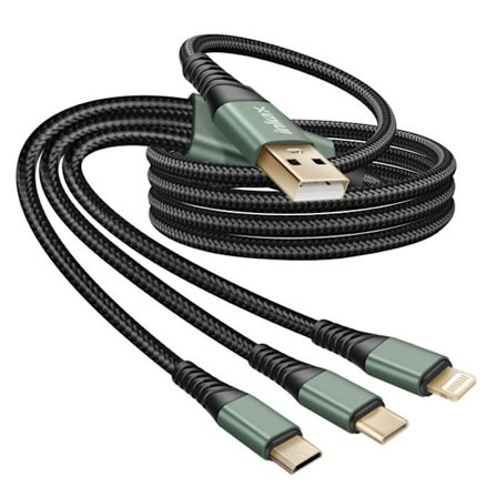USB 3 1-i-3-kabel till USB-C / Micro-USB / Lightning, flätad 1,2 m Inkax svart