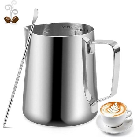 350ml /12oz Mjölkkanna för Kaffemaskin, Mjölkkanna med Mätmarkering och Dekorationspenna för Kaffebryggning, Lämplig, Silverfärgad