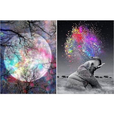 2 kappaletta timanttimaalauskuvia, elefantti ja kuu timantti Pa