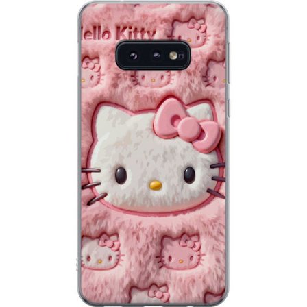 Yhteensopiva Puhelinkuori Samsung Galaxy S10e Hello Kitty vaaleanpunainen pörröinen tausta, jossa on ikoninen kasvot ja kawaii-esteettisyys