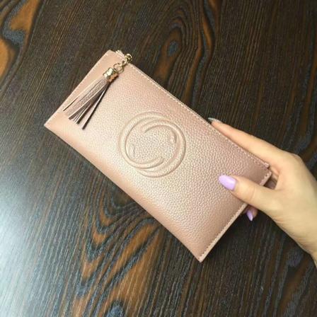 Kvinner lommebok myntveske Enkel ultratynn ekte skinnkvast Lang glidelås Myk kuskinn Clutch kortholder Pink