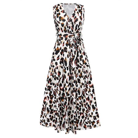 V-kaula-aukkoinen leopardikuvioinen kapea nauhallinen hihaton korkeavyötäröinen painokuvioinen mekko