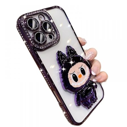 Iabubu Monsters Forgylt Telefondeksel med Skjult Speil & Stativ: Glitrende Diamantlinseramme, Kompatibel med iPhone (lilla) iPhone12promax