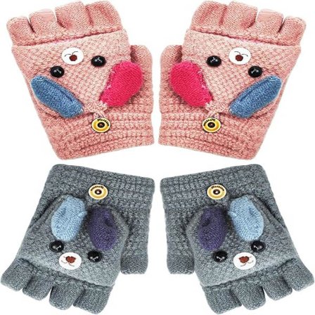 2 par fingerløse flip-votter for barn, unisex, søte tegneserie-katter, halvfingerhansker