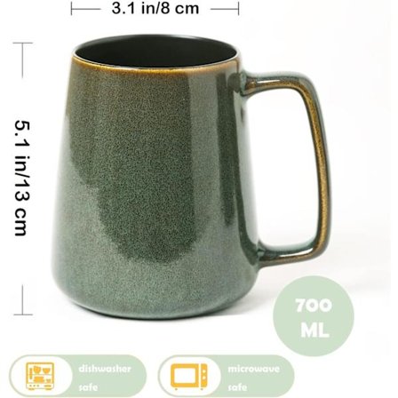 Store keramiske kaffekopper, 700 ml ekstra store kopper, for cappuccino, latte, varm kakao eller varm te, sammenleggbar gave (700 ml mørkegrønn)