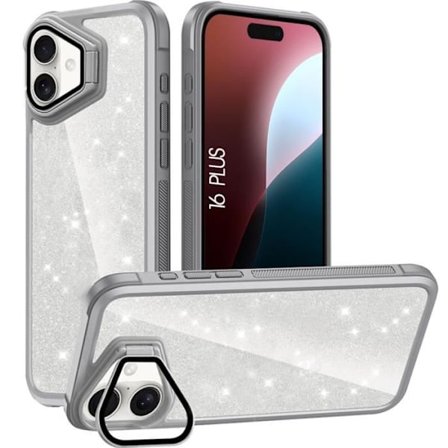 Cover til iPhone 16 Plus, gennemsigtig glitter stødsikker beskyttelse med kamerabeskyttelse - grå