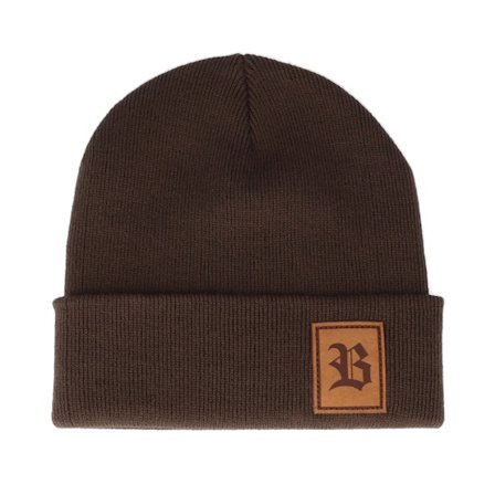 Bearded Man - Hnědý cuff Beanie - Old English B Patch Chocolate Brown Beanie @ Hatstore