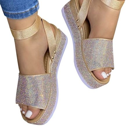 Platform-kiilakorkosandaalit, avokärkiset vapaa-ajan kengät, joissa on liukumattomat pohjat mekkoja, farkkuja, hameita ja shortseja varten, kulta, 41