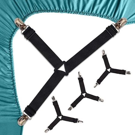 4 st sänglakansspännen triangelförsedda lakan clips elastiska madrassklämmor justerbar lakansträckare hängslen madrassrem (svart)