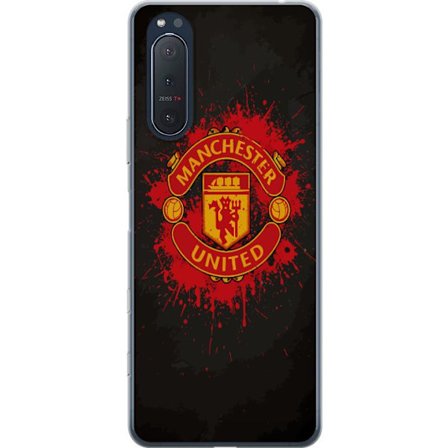 Yhteensopiva Puhelinkuori Sony Sony Xperia 5 II Manchester United logo punaisella ja keltaisella värillä, raikas urheilullinen tausta