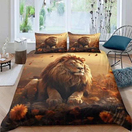 Leijona Pussilakanasetti 3-osainen 3D Pehmeä Vuodevaatesetti Peitto Pussilakanasetti Vetoketjulla, Mikrokuituinen Vuodevaate Tuplakoko