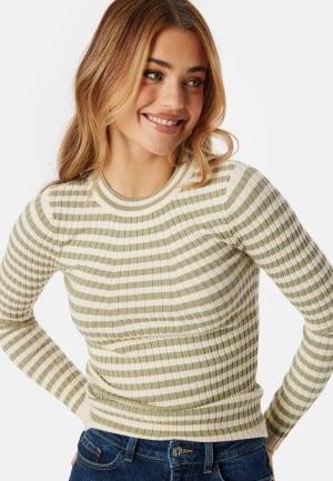 Pieces Pccrista LS O-Neck Knit Green/Beige L Green/Beige Hverdagsgensere Dam