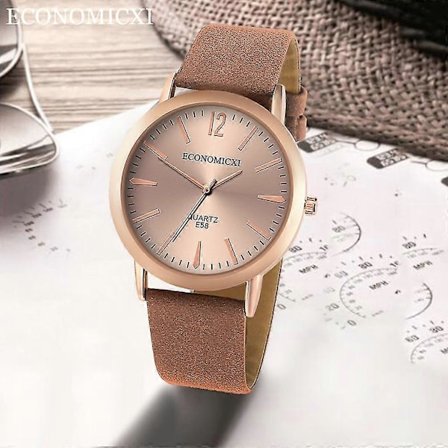 Dameklokker med lærreim, avslappet kvarts analog rund urskive armbåndsur gaver