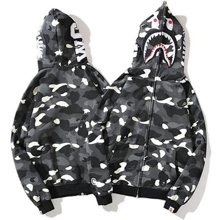 Uusi Bape-huppari Shark Mouth Ape Camo Print Cotton Full Zip Jacket fo W xZ Mustavalkoinen