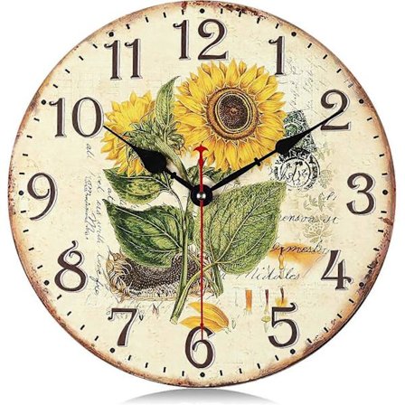 Trä Gul Solros Väggklocka Tyst Icke Tickande 12 Tum Batteridriven Vintage Shabby Chic Rustik Bondgård Kök Klockor Väggdekorativ