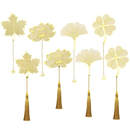 8-pack metallbokmärken set, bladguld bokmärke med kedja