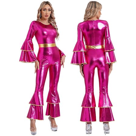 Dame Vintage 70-talls Disco Glitrende Jumpsuit Bell Bottom Hippie Romper Cheerleading Uniform Halloween Cosplay Temafest Kostyme hot pink_max