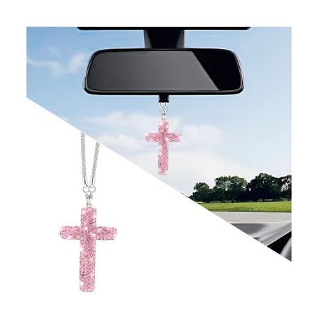 Diamantkors Bil Bakspejl Vedhæng, Krystal Rhinestone Hængende Charm til Bil og Hjemmeindretning (Pink)