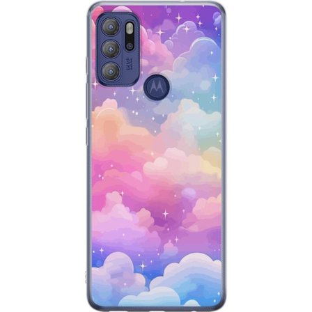 Kompatibelt Mobildeksel til Motorola Moto G60S Søt enhjørning med regnbuefarget hår mot en stjernebelagt pastellbakgrunn i kawaii-stil