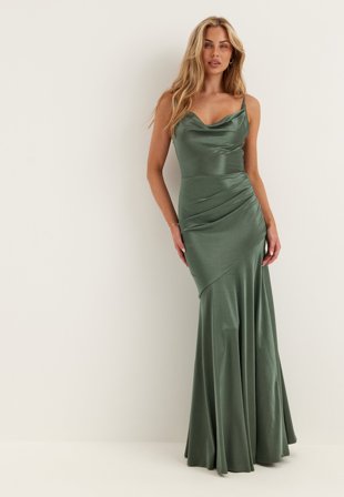Goddiva - Satin Cowl Neck Maxi Dress - Dark forest