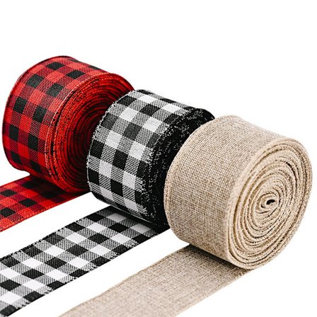 3 ruller med 6 m juledekoration rødt og sort ternet bånd