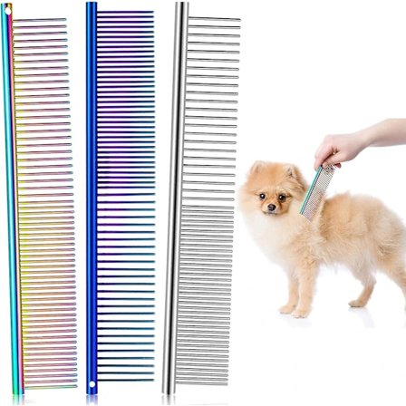 【PP】Sæt med 3 stålloppekamme (19 x 3,3 cm) med tænder i rustfrit stål til at fjerne filter og knuder fra langhårede og korthårede hunde.