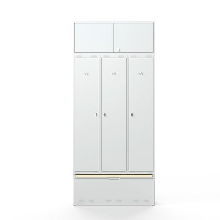 Clothes locker FORCE, 3 modules, upper cupboard, pull-out drawer with bench, 2740x1200x550 mm, grey