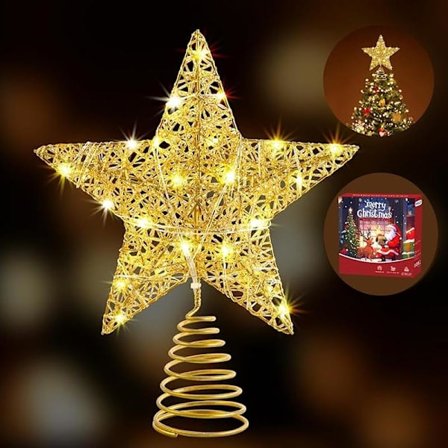 Julgransstjärna, 25 cm Guldtråd Glitter Granstjärnor med TIMER, Batteri- eller USB-driven, 20 LED-lampor Guld Ornament Toppstjärna