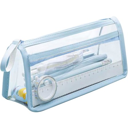 Transparent Penalhus Taske Penholder Kontorartikler Dobbelt Lynlås Organizer Makeup Taske til Skole Kontor Rejser, Blå