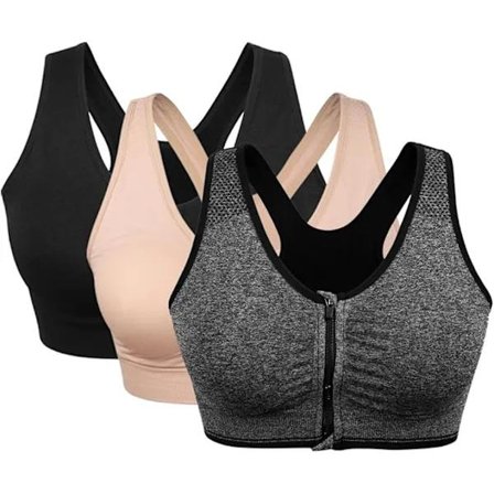 3-pack sport-bh för kvinnor med dragkedja fram, bygellös, bekväm postoperativ bh med avtagbara kuddar B B[YDE] B L
