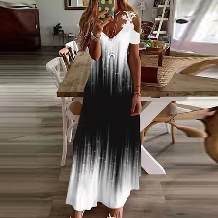 Store Black Friday-tilbud! Sommerkjole med korte ermer til dame, heklet maxikjole, svart og hvit batikkmønster 3XL svart og hvit batikkmønster