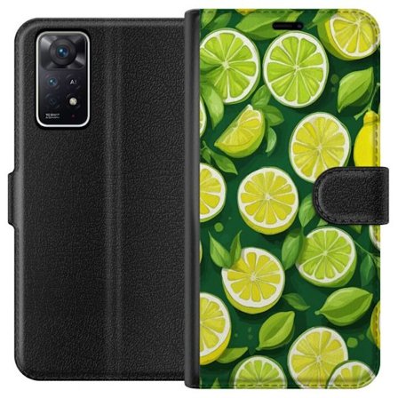 Yhteensopiva Lompakkokotelo Xiaomi Redmi Note 11 Pro 5G Värikäs sitruskuvio, jossa limeä ja sitruunoita sekä vihreitä lehtiä tummanvihreällä t