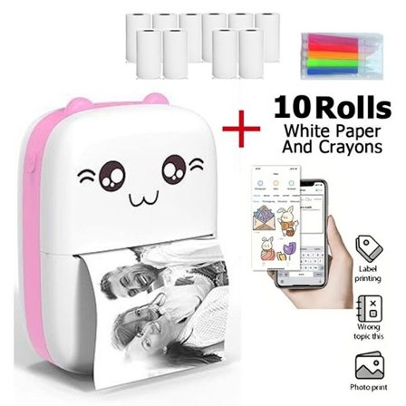 Mini portabel Bluetooth termisk skrivare, mobil fotoskrivare i fickformat, kompatibel med Android/iOS, 10 rullar papper - Rosa