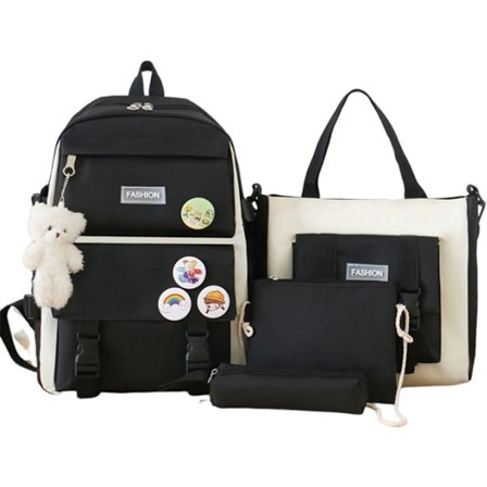 4-delt Vandtæt Skolesætsæt til Børn & Teenagere, Inkluderer Madkasse, Skuldertaske & Penalhus, Stilfuld Skoletaske til Sommer eller Skoleblack