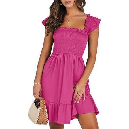 /EA/Dam Sommar Casual Ärmlös Fyrkantig Hals Klänning 2025 Smockad Volang Rygglös Boho Strand Söt Tonåring Kort Sommarklänning M