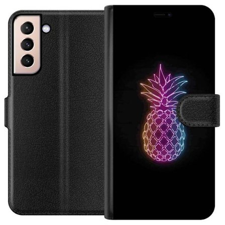 Kompatibelt Plånboksfodral till Samsung Samsung Galaxy S21 Neonillustration av ananas i färgglatt ljus mot svart bakgrund