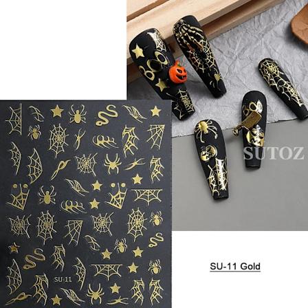 5D Röd Ond Ögonklistermärke Nagelsticker Präglad Halloween Dekoration Blod Spindel Design Centipede Skorpion Manikyr Slider LEB5D-K257 SU-11 Gold
