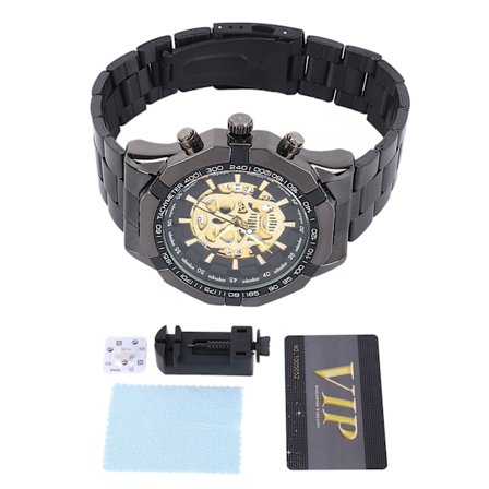 Man Fritid självlysande klocka Skull ihålig rostfritt stål Fashionabla tillbehör armbandsur svart guld