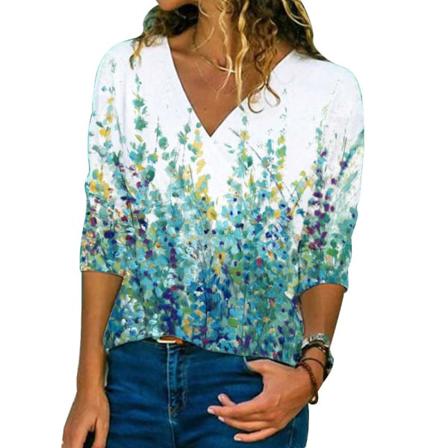 Kvinnor Plant Print T-shirt Toppar V-ringad Långärmad Casual