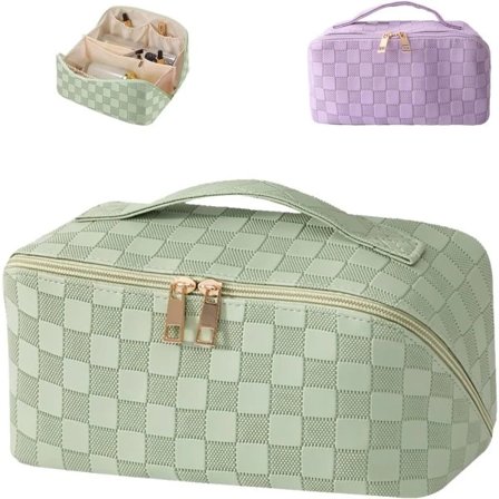 Vanntett sminkeveske i PU-lær med håndtak og skillevegger, trendy sminkeveske, bærbar reiseveske, stor sminkeveske (Grønn)