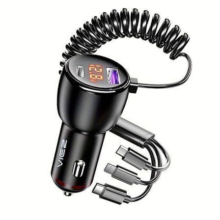 5-i-1 Snabb Bil Laddare - Laddare för iPhone, Galaxy, Pixel och Alla Enheter - Snabb, Säker och Pålitlig Reseadapter med 3 Kablar och 2 (FMY)