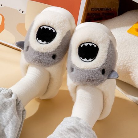 Tøfler til kvinder - Bomuldsslippers - Søde hajtøfler - Varme efterår og vinter indendørs dyre-plysstøvler - Pad-slippers - Komfortable 24,5 cm