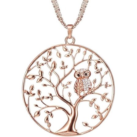 Kvinners lange halskjede Livets tre med ugle anheng