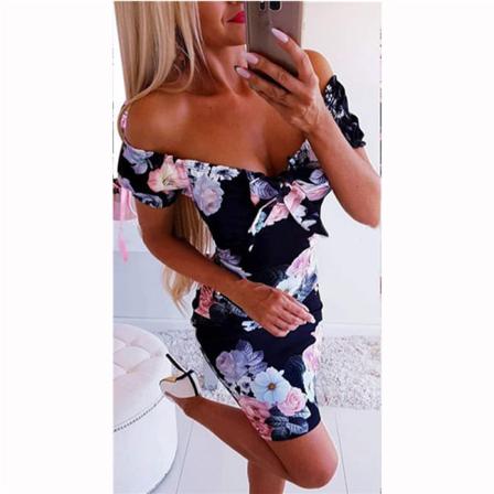 Print Sexig Mini Bodycon Klänning Dam Kortärmad Sommar Pa