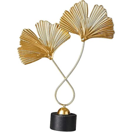 Gyllene Ginkgo Blad Metallskulptur, Liten Skulptur i Järn och Trä, Modern Dekorativ Objekt för Hem, Kontor, Bord och Skrivbord