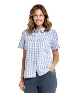 Kortärmad blus i bäck och bölja, Rut Blå/vit - 42 - Åshild