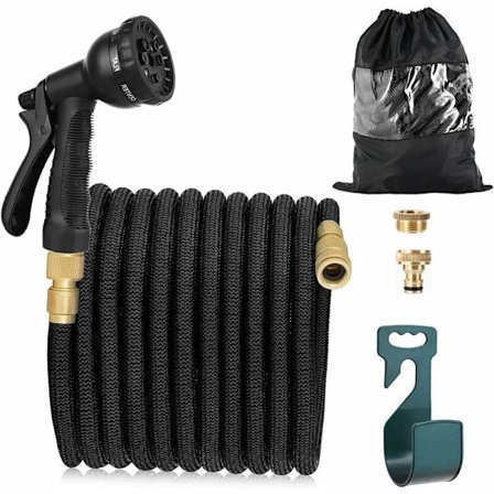 Expanderbar trädgårdsslang 15m, flexibel vattenslang med 8 bevattningsmönster, 3/4' och 1/2' solida mässingskopplingar, svart
