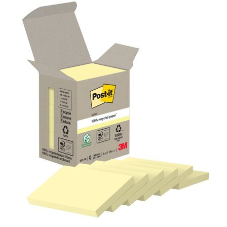 POST-IT Mini Tower-förpackning med återvunna Sticky Notes-notislappar, 38 x 51 mm, gula, 100 ark 6/fp - Lyreco - Kontorsmaterial - Notes och Post-It -